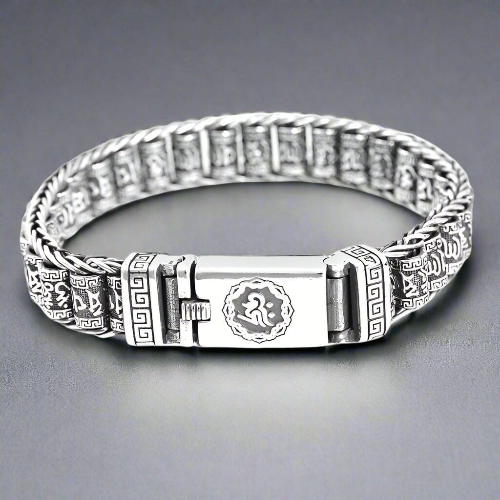 SIX SIGN MANTRA LINK - "11.5"mm Pure Alloy Bracelet with Open Box Clasps for Men & Boy (8 inch) — Steel Bracelets for Men | THE MEN THING