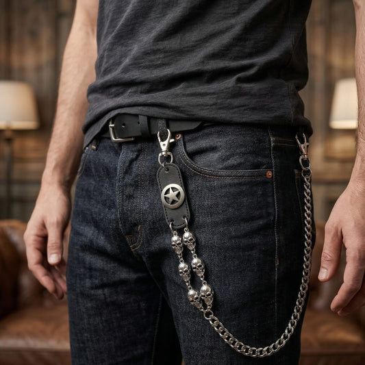 SKULL BADGE - Antique Steel 12mm Titanium Steel Heavy Biker Chain for Jeans with Lobster Clasps for Men & Boys - 29 inch - THE MEN THING