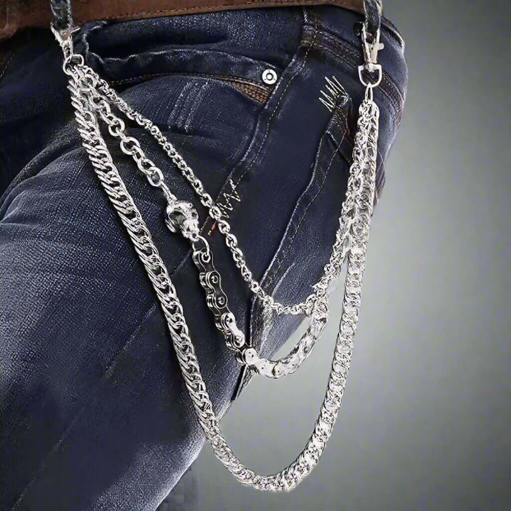 SKULL BIKE LINK CHAIN - 3pcs Alloy Multi-Layer Wallet Biker Chain For Jeans with Lobster Clasps for Men & Boys - "20.5" inch - THE MEN THING