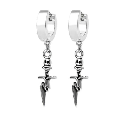 SKULL DAGGER SILVER - Pure Titanium Steel Ear Hoop Earrings for Men & Boys (2 Pcs) - THE MEN THING