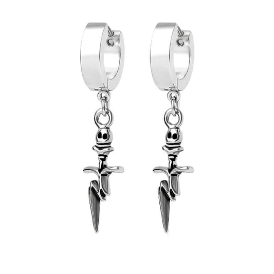 SKULL DAGGER SILVER - Pure Titanium Steel Ear Hoop Earrings for Men & Boys (2 Pcs) - THE MEN THING