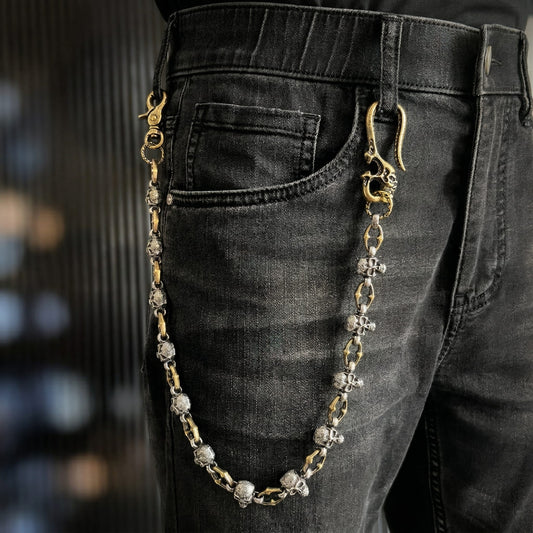 SKULL FORGE - Antique Steel Gold 14mm Titanium Steel Skull Heavy Biker Chain for Jeans with Lobster Clasps for Men & Boys - 20 inch - THE MEN THING
