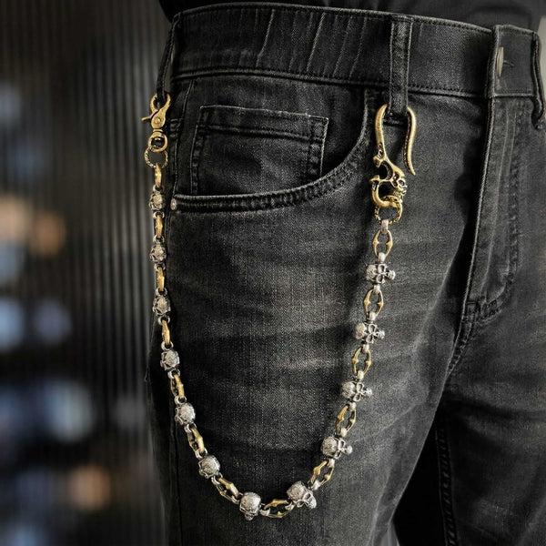 SKULL FORGE - Antique Steel Gold 14mm Titanium Steel Skull Heavy Biker Chain for Jeans with Lobster Clasps for Men & Boys - 20 inch
