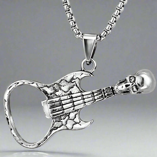 SKULLY GUITAR -  Alloy Guitar Skull Pendant with Pure Stainless Steel 24inch Round Box Chain, European trending Style  for Men & Boys - THE MEN THING