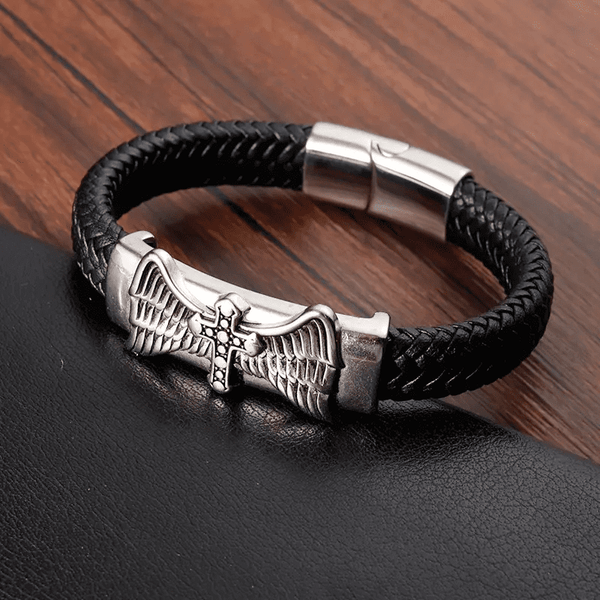 SKYWARD GRACE BLACK - Genuine Leather Braided Bracelet with Stainless Steel Magnetic Buckle for Men & Boys (8 inch)