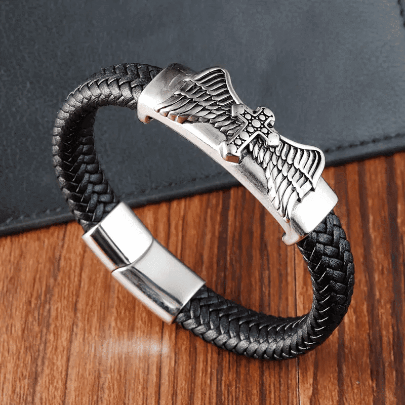 SKYWARD GRACE BLACK - Genuine Leather Braided Bracelet with Stainless Steel Magnetic Buckle for Men & Boys (8 inch) - THE MEN THING