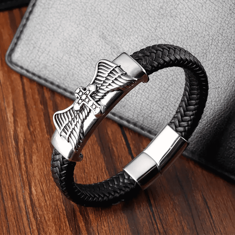 SKYWARD GRACE BLACK - Genuine Leather Braided Bracelet with Stainless Steel Magnetic Buckle for Men & Boys (8 inch) - THE MEN THING