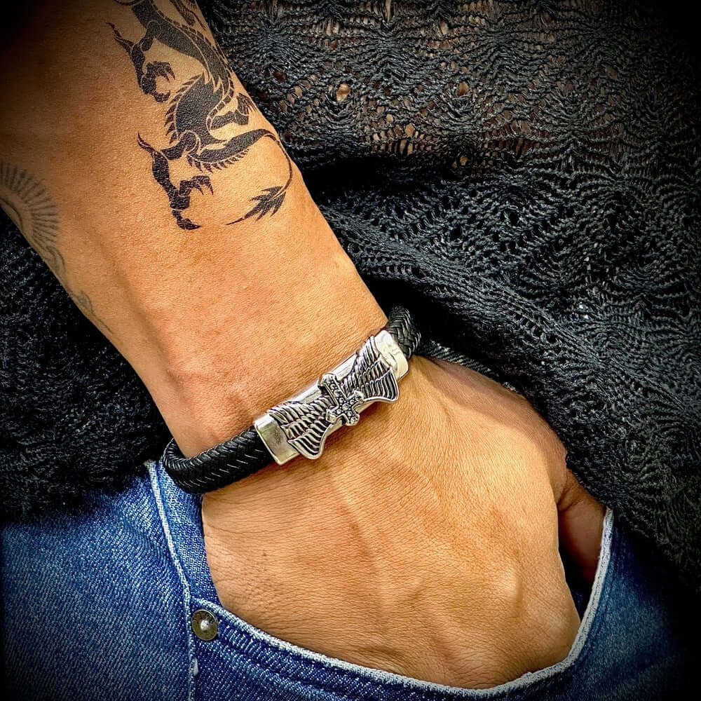 SKYWARD GRACE BLACK - Genuine Leather Braided Bracelet with Stainless Steel Magnetic Buckle for Men & Boys (8 inch) - THE MEN THING