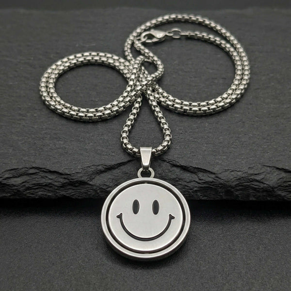 SMILEY AND SAD MOOD - 26mm Pure Titanium Steel Pendant with 28inch Round Box 4mm Chain for Men & Boys