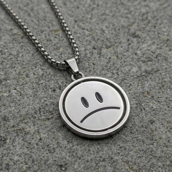 SMILEY AND SAD MOOD - 26mm Pure Titanium Steel Pendant with 28inch Round Box 4mm Chain for Men & Boys