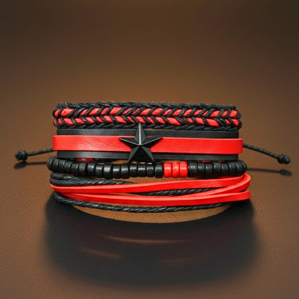 STAR RANGER - 4 Pcs Genuine Leather Adjustable Bracelet Set for Men & Boys (8 inch)