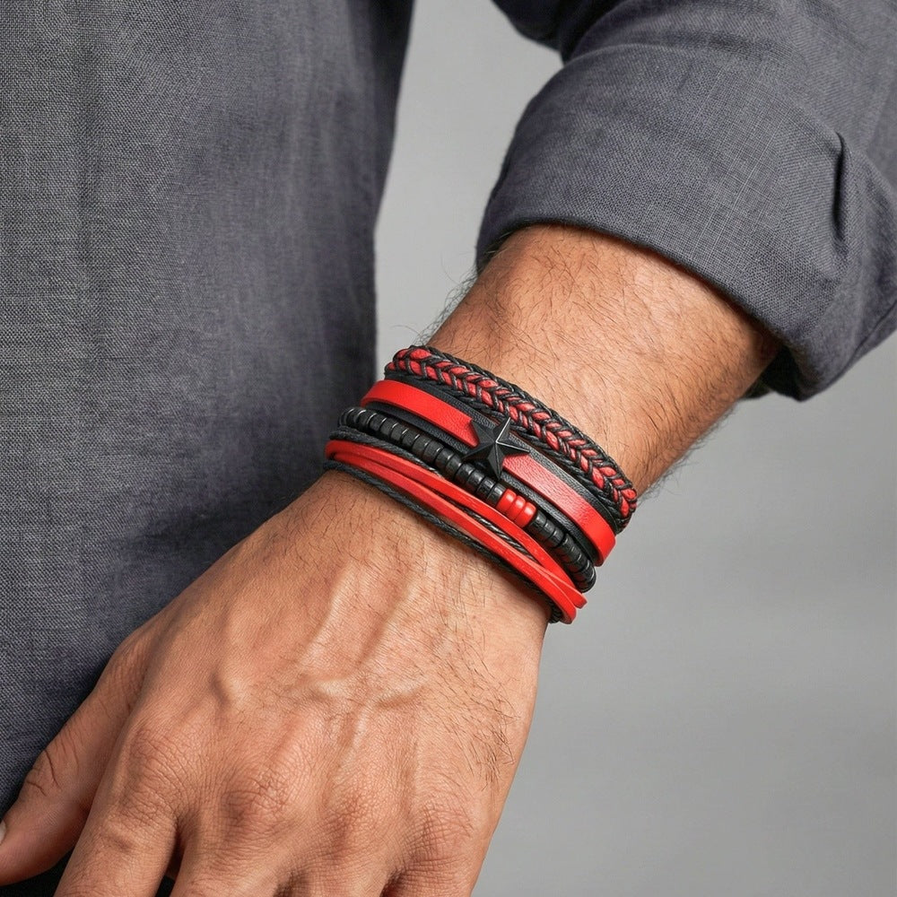 STAR RANGER - 4 Pcs Genuine Leather Adjustable Bracelet Set for Men & Boys (8 inch) - THE MEN THING