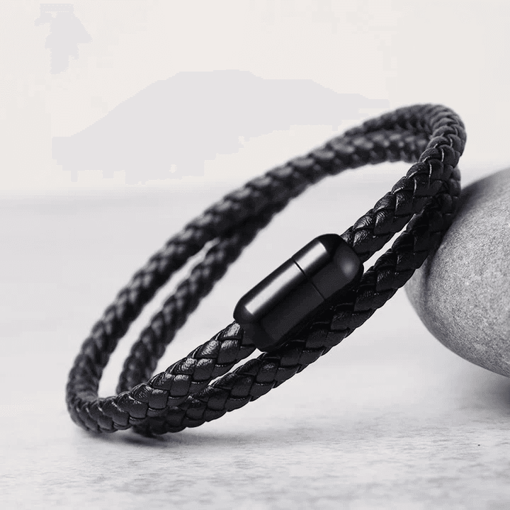 STARRY TWINE BLACK - American Style Genuine Braided Leather Bracelet with Stainless Steel Clasp Magnetic Buckle for Men & Boy (8 inch) - THE MEN THING