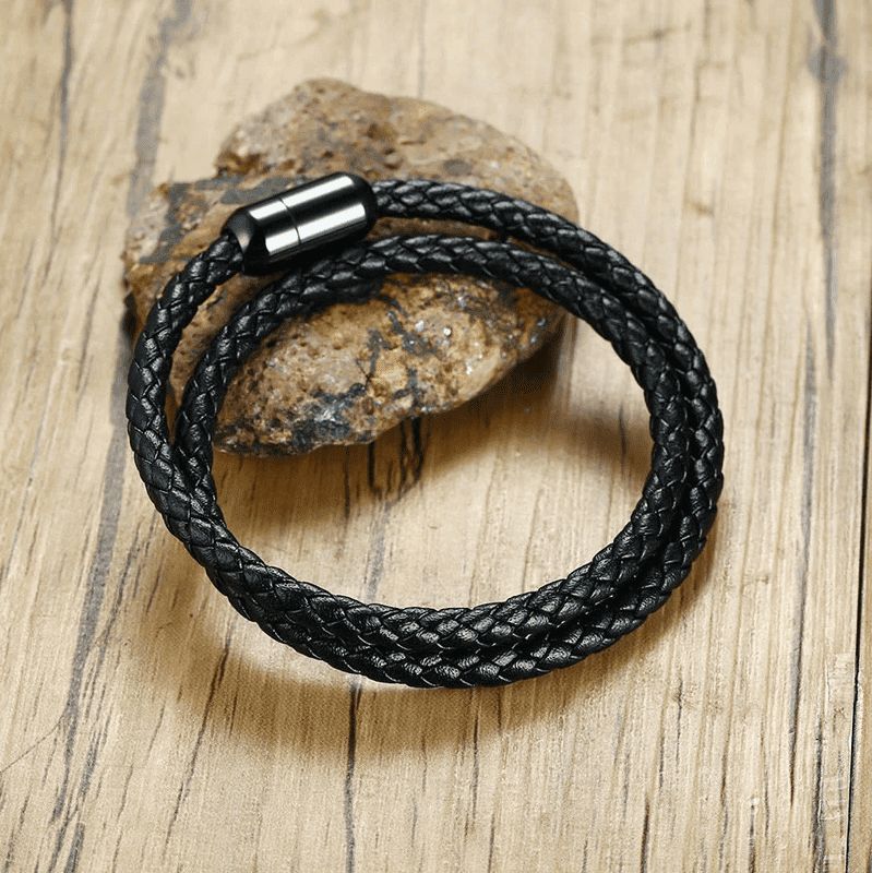 STARRY TWINE BLACK - American Style Genuine Braided Leather Bracelet with Stainless Steel Clasp Magnetic Buckle for Men & Boy (8 inch) - THE MEN THING