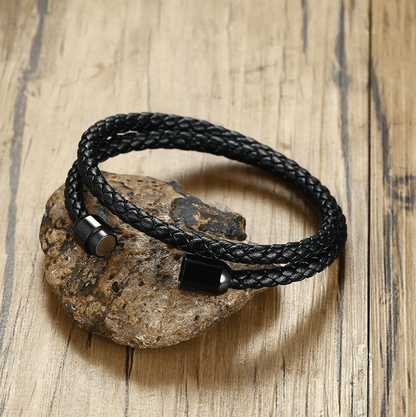 STARRY TWINE BLACK - American Style Genuine Braided Leather Bracelet with Stainless Steel Clasp Magnetic Buckle for Men & Boy (8 inch) - THE MEN THING