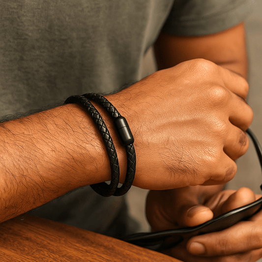 STARRY TWINE BLACK - American Style Genuine Braided Leather Bracelet with Stainless Steel Clasp Magnetic Buckle for Men & Boy (8 inch) - THE MEN THING