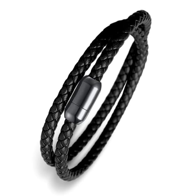STARRY TWINE BLACK - American Style Genuine Braided Leather Bracelet with Stainless Steel Clasp Magnetic Buckle for Men & Boy (8 inch) - THE MEN THING