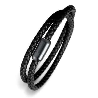 STARRY TWINE BLACK - American Style Genuine Braided Leather Bracelet with Stainless Steel Clasp Magnetic Buckle for Men & Boy (8 inch) - THE MEN THING