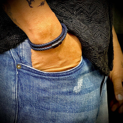 STARRY TWINE DARK BLUE - American Style Genuine Braided Leather Bracelet with Stainless Steel Clasp Magnetic Buckle for Men & Boy (8 inch) - THE MEN THING