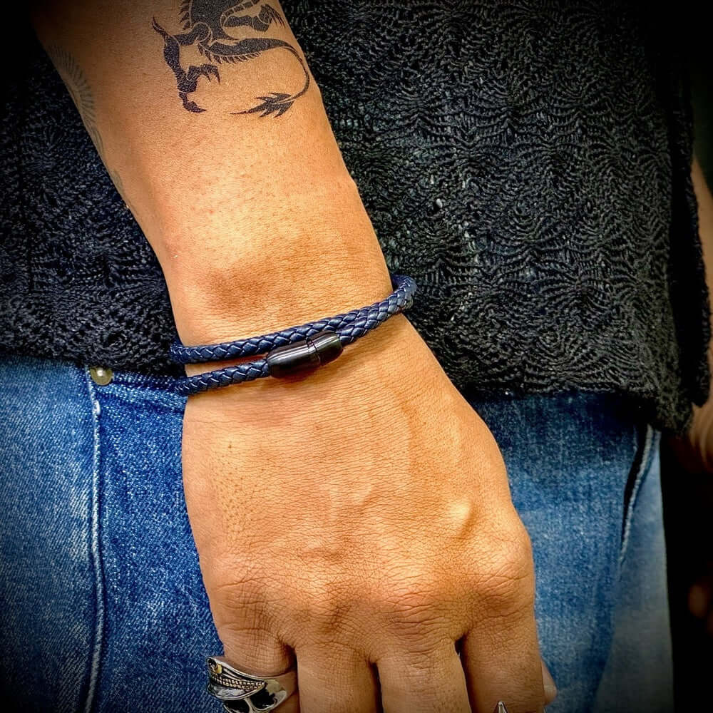 STARRY TWINE DARK BLUE - American Style Genuine Braided Leather Bracelet with Stainless Steel Clasp Magnetic Buckle for Men & Boy (8 inch) - THE MEN THING