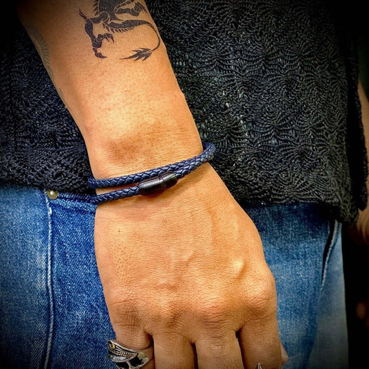 STARRY TWINE DARK BLUE - American Style Genuine Braided Leather Bracelet with Stainless Steel Clasp Magnetic Buckle for Men & Boy (8 inch) - THE MEN THING