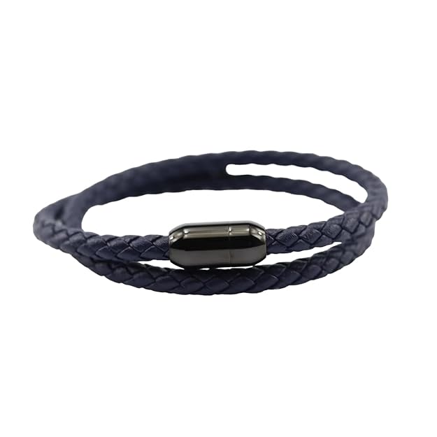 STARRY TWINE DARK BLUE - American Style Genuine Braided Leather Bracelet with Stainless Steel Clasp Magnetic Buckle for Men & Boy (8 inch) - THE MEN THING