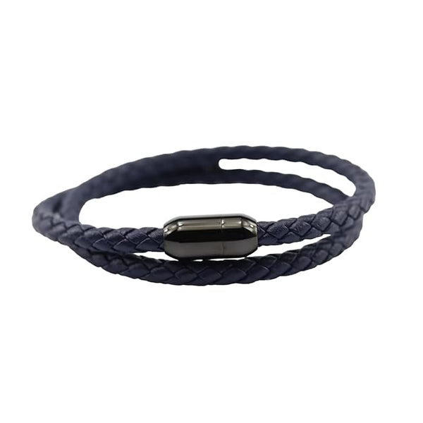 STARRY TWINE DARK BLUE - American Style Genuine Braided Leather Bracelet with Stainless Steel Clasp Magnetic Buckle for Men & Boy (8 inch)