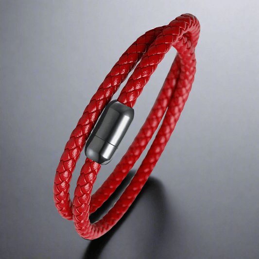 STARRY TWINE RED - American Style Genuine Braided Leather Bracelet with Stainless Steel Clasp Magnetic Buckle for Men & Boy (8 inch) - THE MEN THING