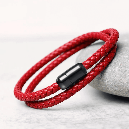 STARRY TWINE RED - American Style Genuine Braided Leather Bracelet with Stainless Steel Clasp Magnetic Buckle for Men & Boy (8 inch) - THE MEN THING