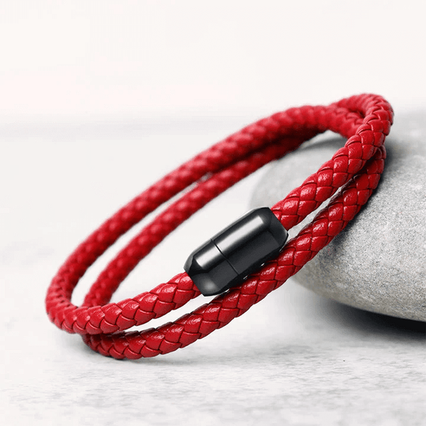 STARRY TWINE RED - పురుషులు & అబ్బాయిల కోసం స్టెయిన్‌లెస్ స్టీల్ క్లాస్ప్ మాగ్నెటిక్ బకిల్‌తో కూడిన అమెరికన్ స్టైల్ జెన్యూన్ అల్లిన లెదర్ బ్రాస్‌లెట్ (8 అంగుళాలు)