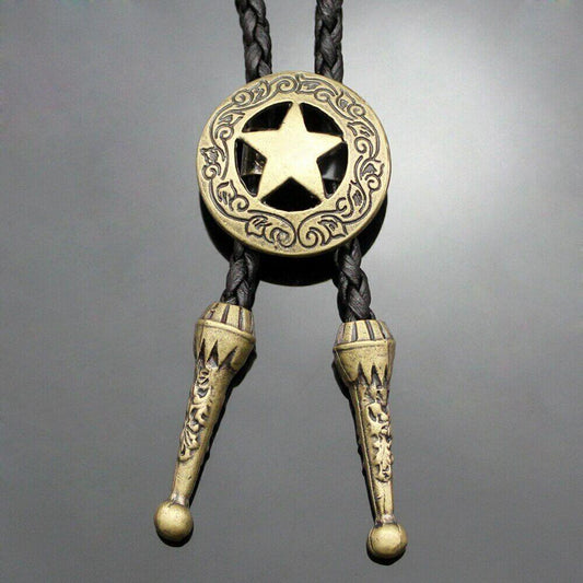 STELLAR STAR - Retro Alloy Pendant Bolo Tie | Adjustable Genuine Leather Cowboy Necktie Necklace for Men & Boys - THE MEN THING