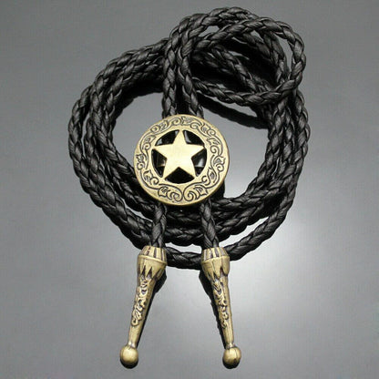 STELLAR STAR - Retro Alloy Pendant Bolo Tie | Adjustable Genuine Leather Cowboy Necktie Necklace for Men & Boys - THE MEN THING
