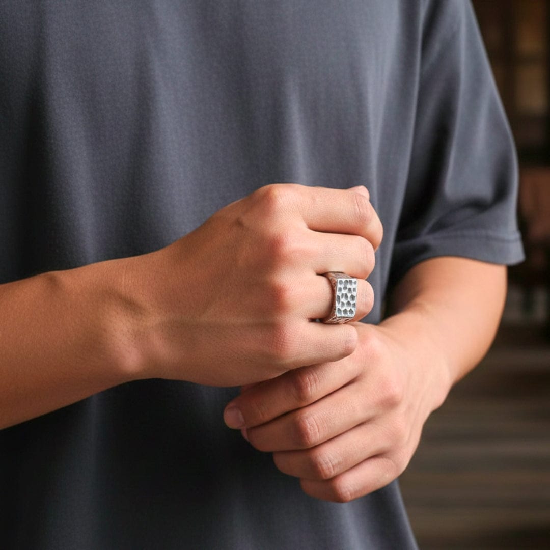 STERLING SILVER SQUARE HAMMERED RING - Silver Steel Ring - Pure Titanium Steel Ring for Men Size - 21 - THE MEN THING