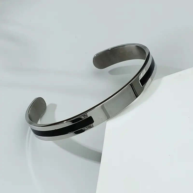 STOIC SILVER - "6.5"mm Pure Stainless Steel Open Bangle Bracelet (Adjustable) for Men & Boys - THE MEN THING