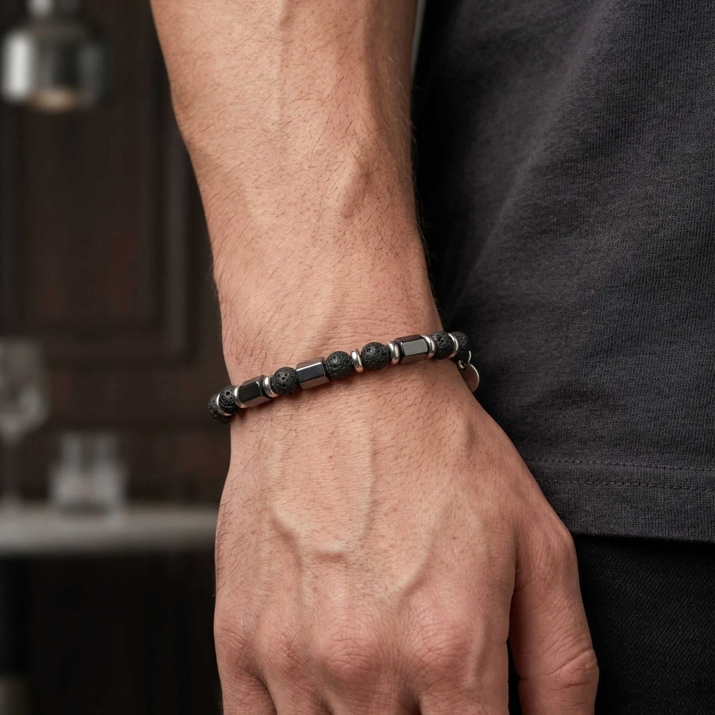 STONEFORGE - BLACK - 7mm Beads Bracelet with Natural Stone - 7.5 to 8.5 inch Adjustable Bracelet - THE MEN THING
