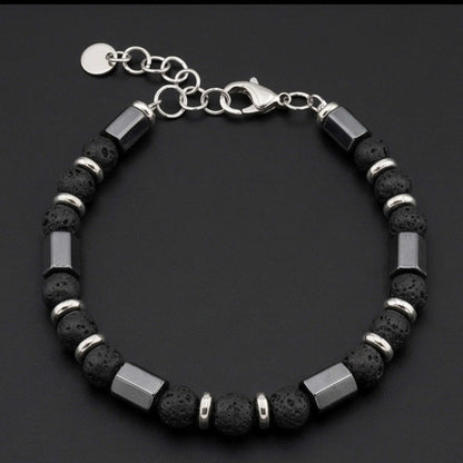 STONEFORGE - BLACK - 7mm Beads Bracelet with Natural Stone - 7.5 to 8.5 inch Adjustable Bracelet - THE MEN THING