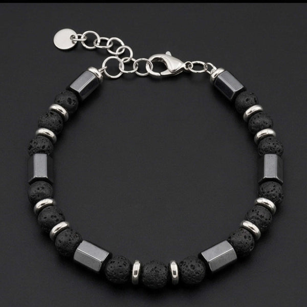 STONEFORGE - BLACK - 7mm Beads Bracelet with Natural Stone - 7.5 to 8.5 inch Adjustable Bracelet