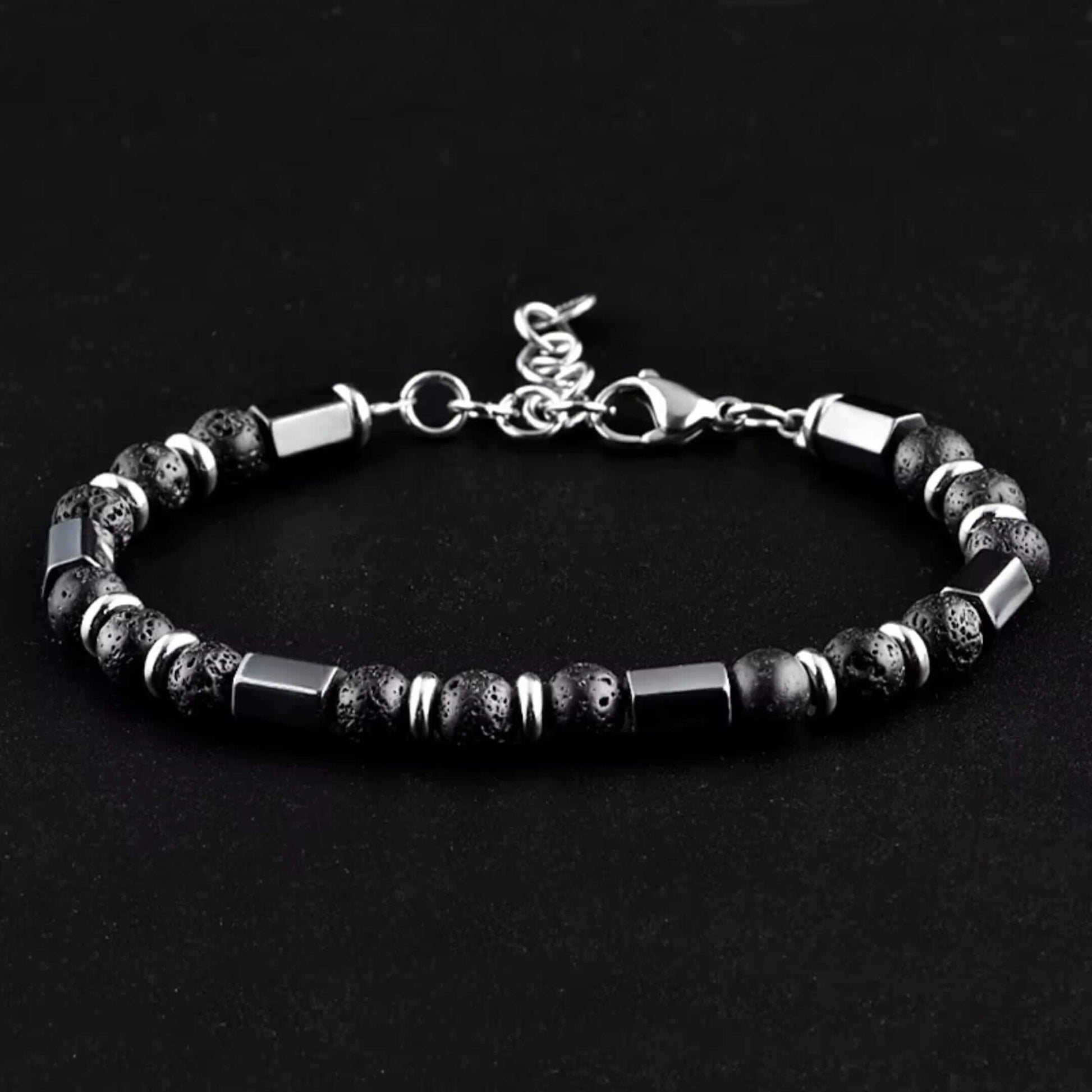 STONEFORGE - BLACK - 7mm Beads Bracelet with Natural Stone - 7.5 to 8.5 inch Adjustable Bracelet - THE MEN THING