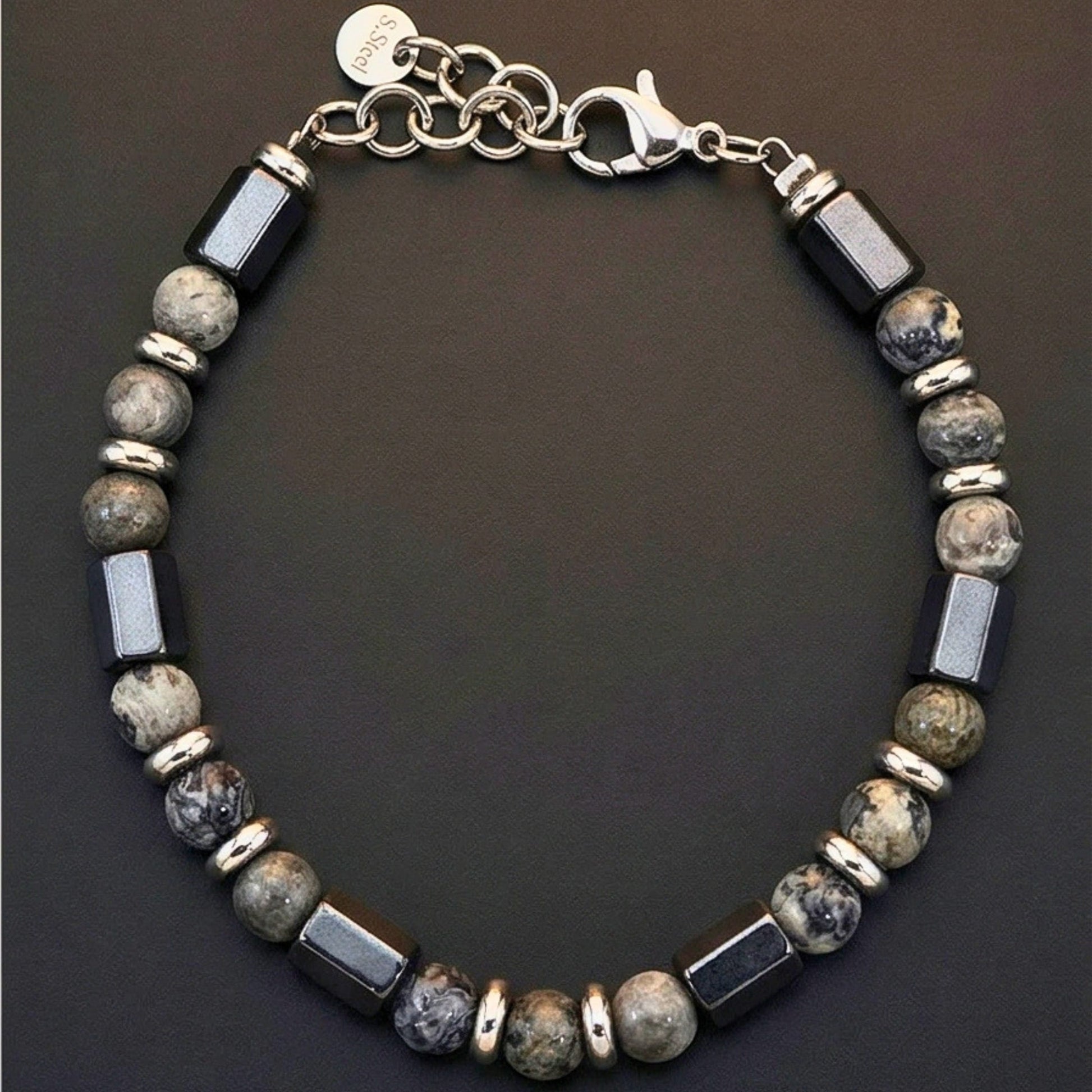 STONEFORGE - GREY - 7mm Beads Bracelet with Natural Stone - 7.5 to 8.5 inch Adjustable Bracelet - THE MEN THING