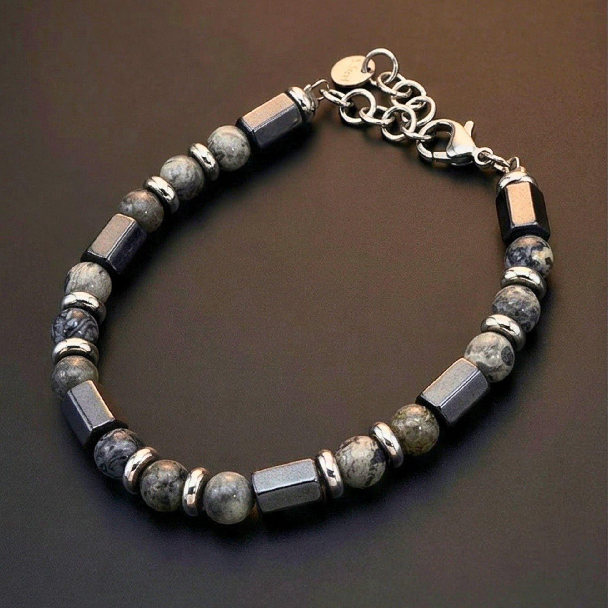 STONEFORGE - GREY - 7mm Beads Bracelet with Natural Stone - 7.5 to 8.5 inch Adjustable Bracelet - THE MEN THING