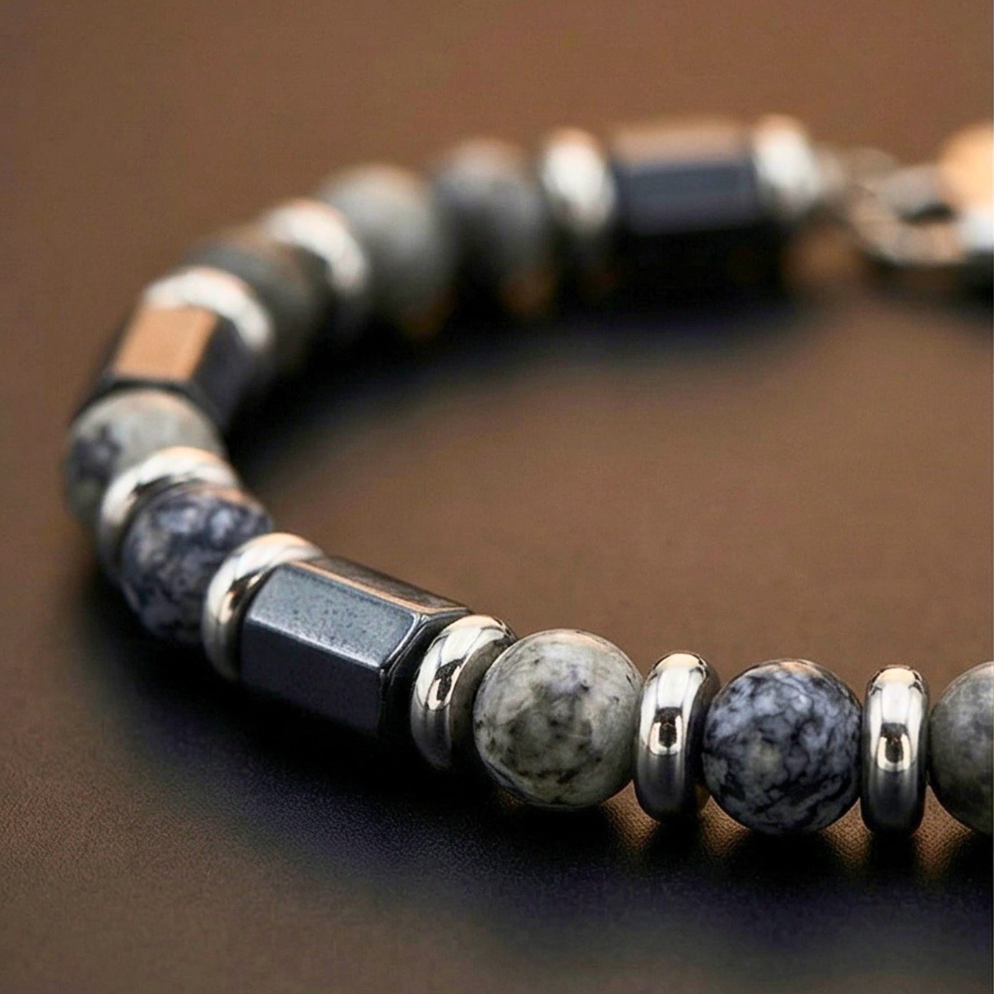 STONEFORGE - GREY - 7mm Beads Bracelet with Natural Stone - 7.5 to 8.5 inch Adjustable Bracelet - THE MEN THING