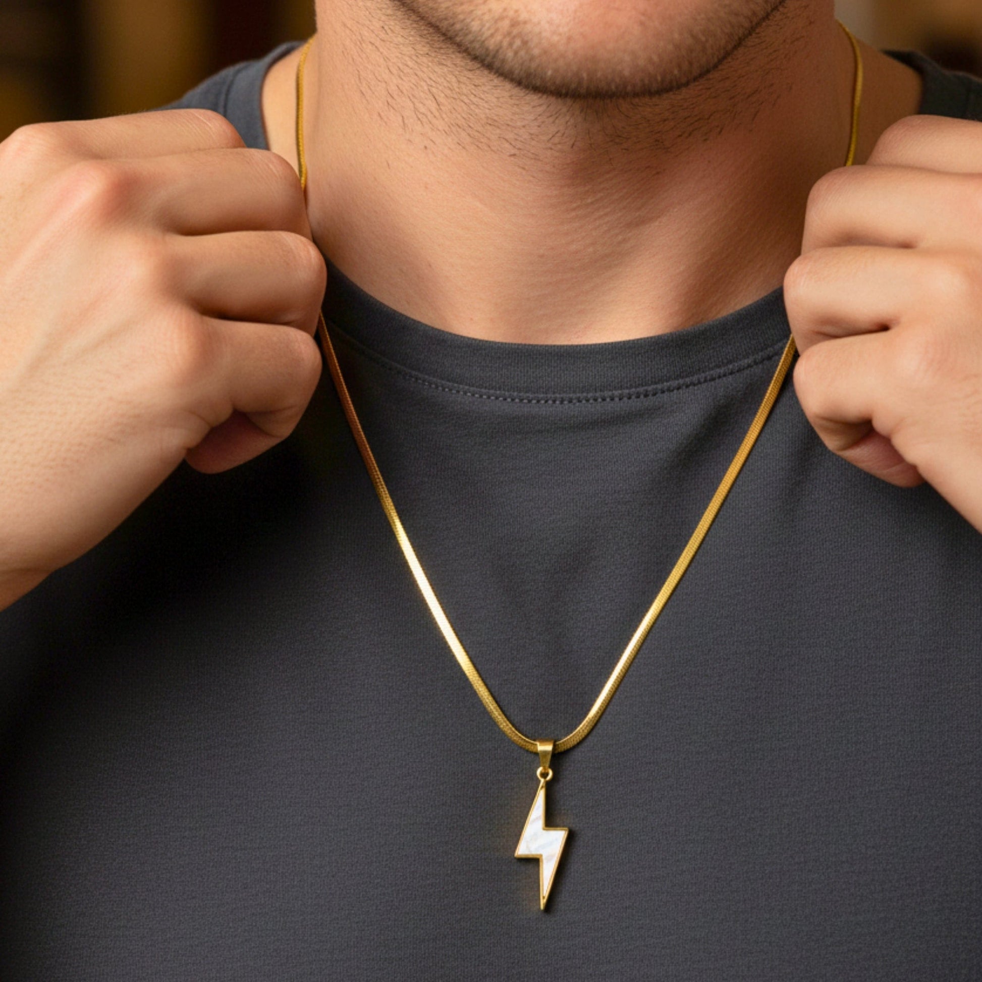 STORM EDGE - Golden & White 12mm Titanium Steel Pendant with 22inch Chain for Men & Boys with adjustable cable chain - THE MEN THING