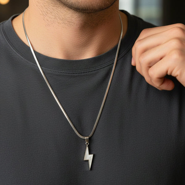 STORM EDGE - Silver & White 12mm Titanium Steel Pendant with 22inch Round Box 4mm Chain for Men & Boys with adjustable cable chain