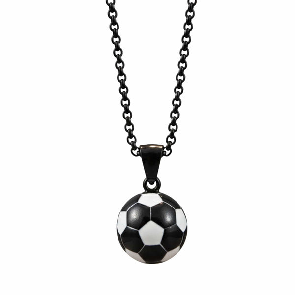 STRIKER SOCCER BALL - Black - White 20mm Pure Titanium Steel Pendant with 22inch Round Rolo 4mm Chain for Men & Boys