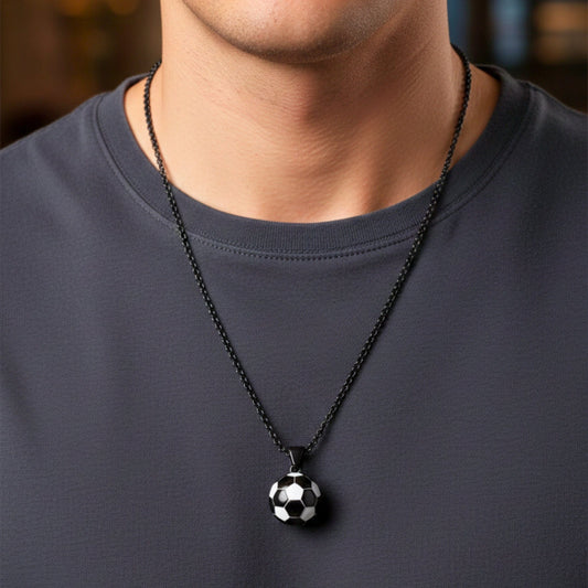 STRIKER SOCCER BALL - Black - White 20mm Pure Titanium Steel Pendant with 22inch Round Rolo 4mm Chain for Men & Boys - THE MEN THING