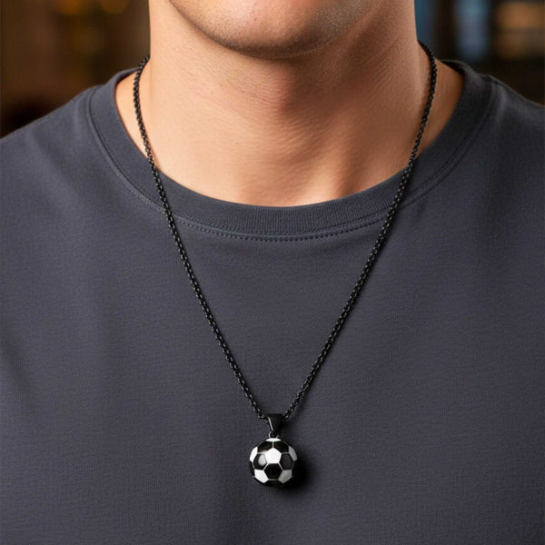 STRIKER SOCCER BALL - Black - White 20mm Pure Titanium Steel Pendant with 22inch Round Rolo 4mm Chain for Men & Boys