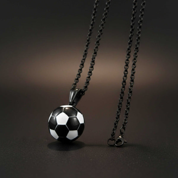 STRIKER SOCCER BALL - Black - White 20mm Pure Titanium Steel Pendant with 22inch Round Rolo 4mm Chain for Men & Boys
