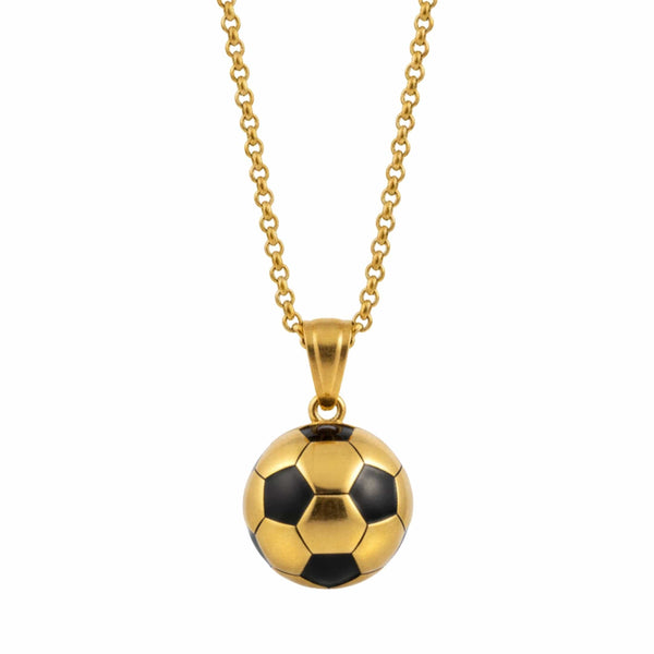 STRIKER SOCCER BALL - Golden - Black 20mm Pure Titanium Steel Pendant with 22inch Round Rolo 4mm Chain for Men & Boys