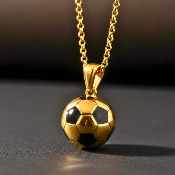 STRIKER SOCCER BALL - Golden - Black 20mm Pure Titanium Steel Pendant with 22inch Round Rolo 4mm Chain for Men & Boys
