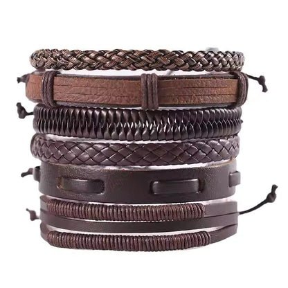 STRING WOVEN - 6 pcs Multi-layer Set Genuine Braided Leather Bracelet Set for Men & Boys (8 inch) - THE MEN THING